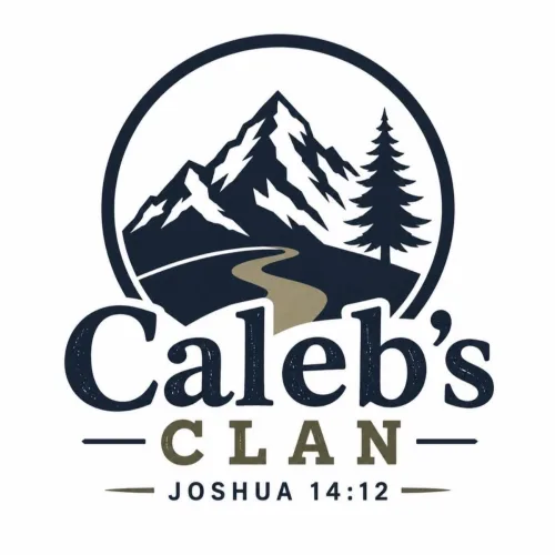 Caleb's Clan men's group logo with mountains, a pine tree and a winding path, Joshua 14:12